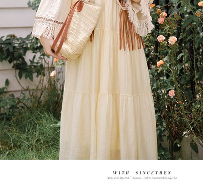 Flared-Sleeve Flower Embroidered Fringed Trim Midi Smock Dress / Patterned Vest / Set