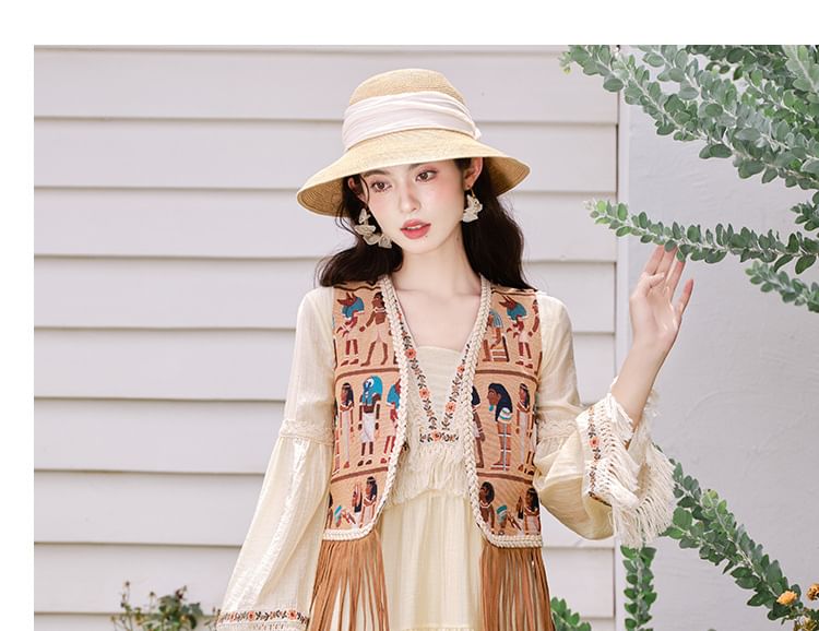 Flared-Sleeve Flower Embroidered Fringed Trim Midi Smock Dress / Patterned Vest / Set