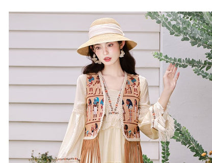 Flared-Sleeve Flower Embroidered Fringed Trim Midi Smock Dress / Patterned Vest / Set
