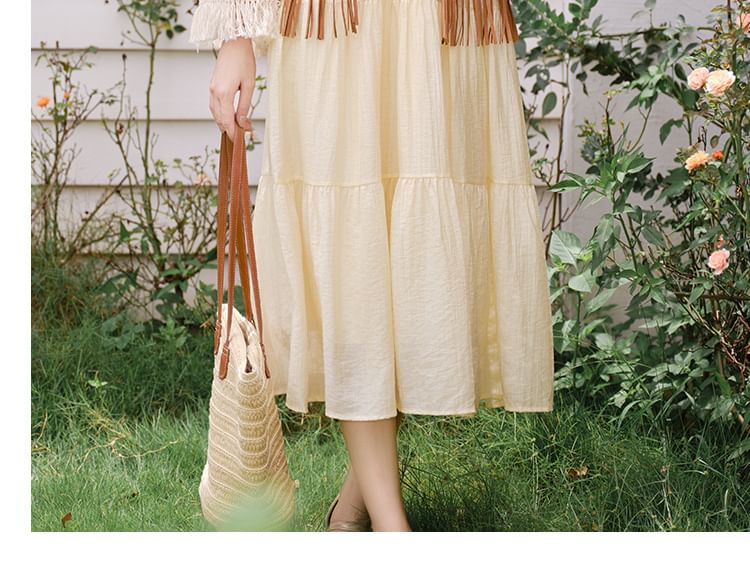 Flared-Sleeve Flower Embroidered Fringed Trim Midi Smock Dress / Patterned Vest / Set