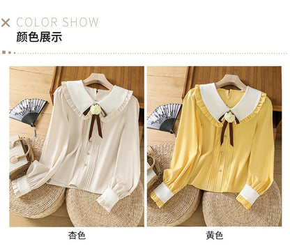 Puff-Sleeve Two Tone Flower Detail Blouse