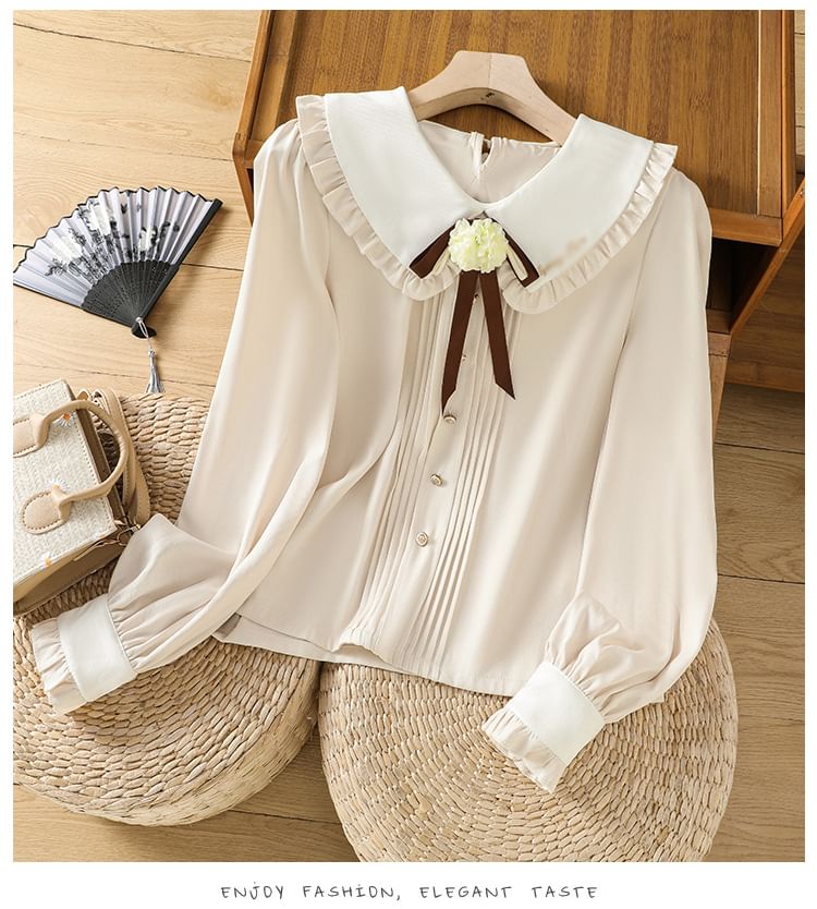 Puff-Sleeve Two Tone Flower Detail Blouse