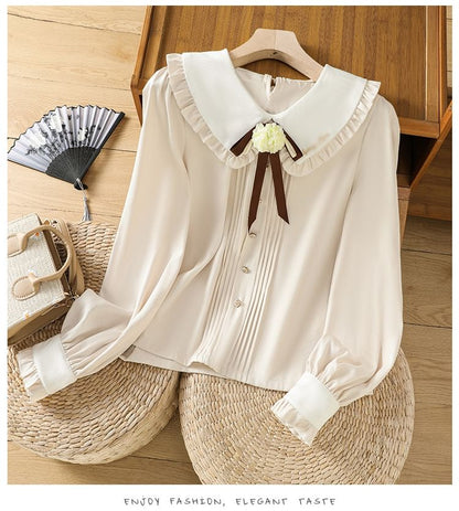 Puff-Sleeve Two Tone Flower Detail Blouse