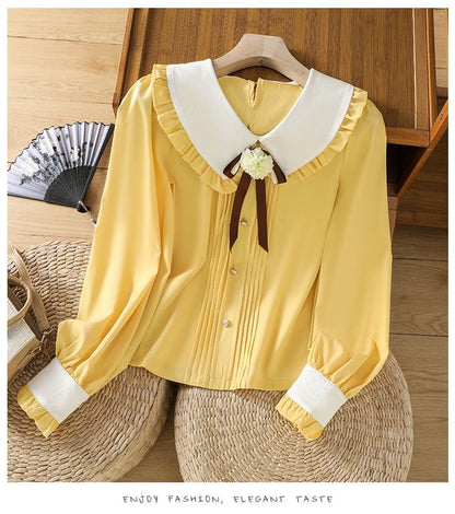 Puff-Sleeve Two Tone Flower Detail Blouse