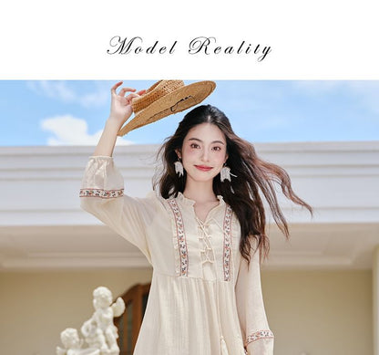 Puff-Sleeve Flower Embroidered Tassel Hem Lace-Up Midi A-Line Dress / Patterned Vest / Set