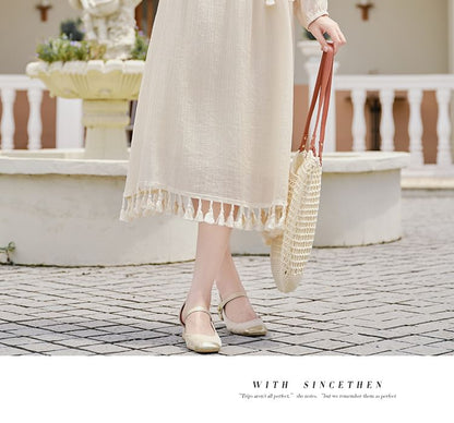 Puff-Sleeve Flower Embroidered Tassel Hem Lace-Up Midi A-Line Dress / Patterned Vest / Set