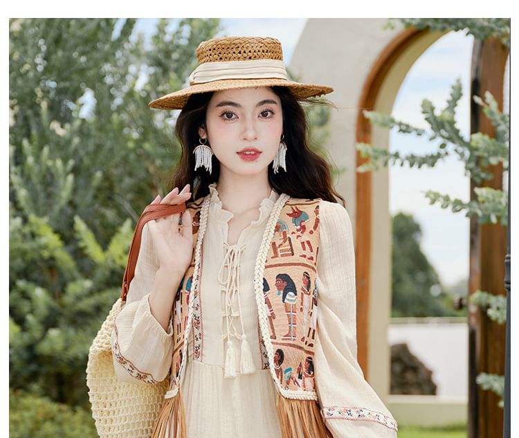 Puff-Sleeve Flower Embroidered Tassel Hem Lace-Up Midi A-Line Dress / Patterned Vest / Set