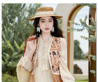 Puff-Sleeve Flower Embroidered Tassel Hem Lace-Up Midi A-Line Dress / Patterned Vest / Set