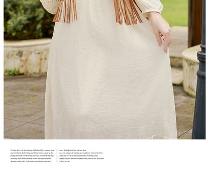 Puff-Sleeve Flower Embroidered Tassel Hem Lace-Up Midi A-Line Dress / Patterned Vest / Set