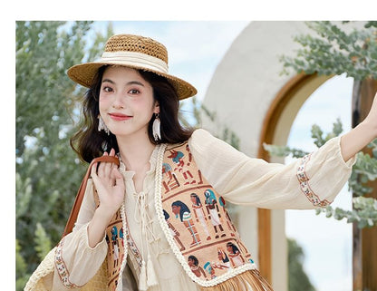 Puff-Sleeve Flower Embroidered Tassel Hem Lace-Up Midi A-Line Dress / Patterned Vest / Set