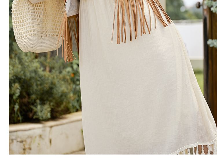 Puff-Sleeve Flower Embroidered Tassel Hem Lace-Up Midi A-Line Dress / Patterned Vest / Set