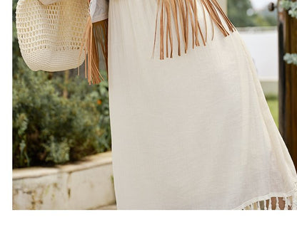 Puff-Sleeve Flower Embroidered Tassel Hem Lace-Up Midi A-Line Dress / Patterned Vest / Set