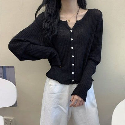 Button-Front Solid Knit Cardigan