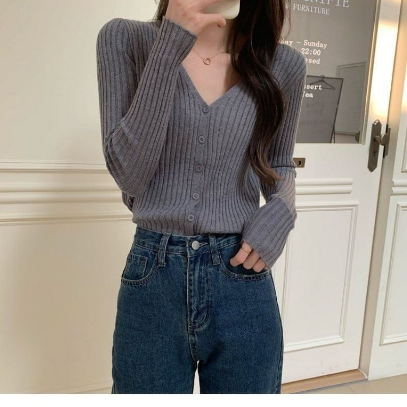 V-Neck Button-Front Smooth Knit Cardigan