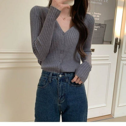 V-Neck Button-Front Smooth Knit Cardigan