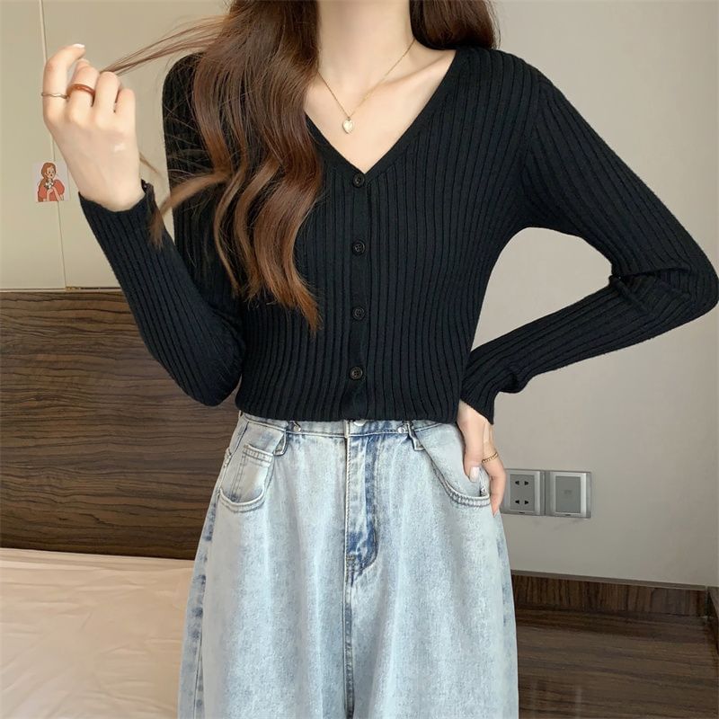 V-Neck Button-Front Smooth Knit Cardigan