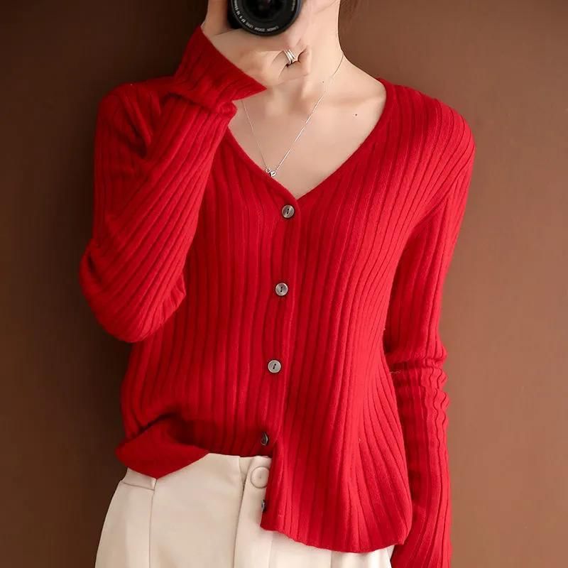 V-Neck Button-Front Smooth Knit Cardigan