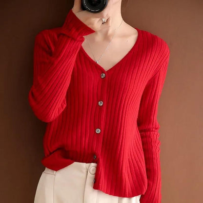 V-Neck Button-Front Smooth Knit Cardigan