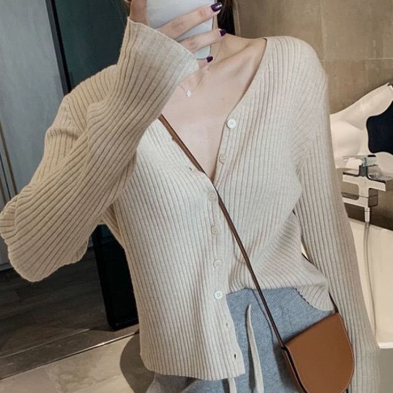 V-Neck Button-Front Smooth Knit Cardigan
