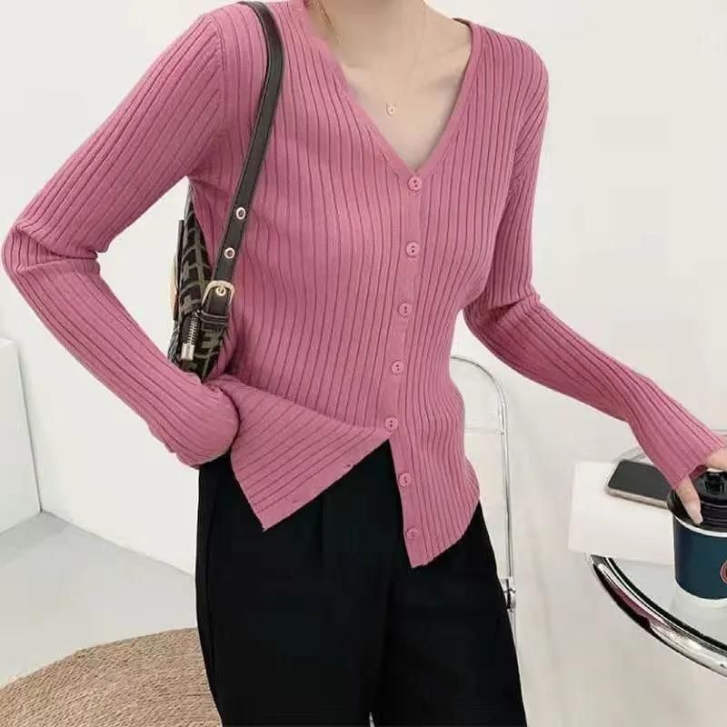 V-Neck Button-Front Smooth Knit Cardigan