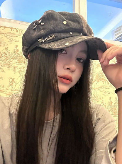 Star Applique Studded Denim Newsboy Cap