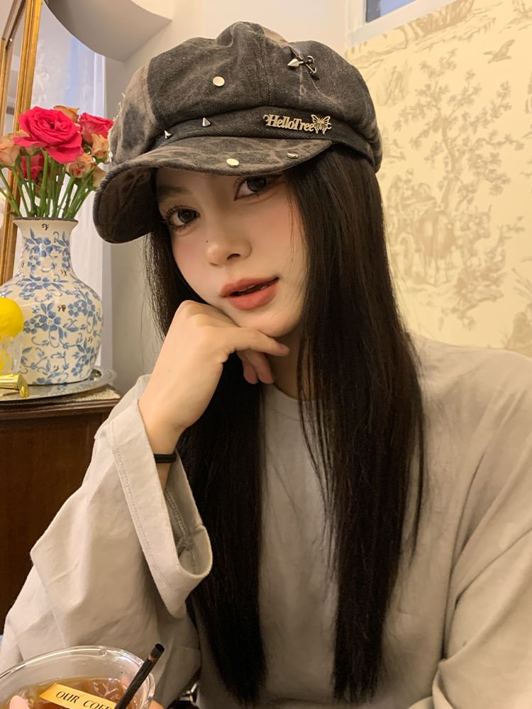 Star Applique Studded Denim Newsboy Cap