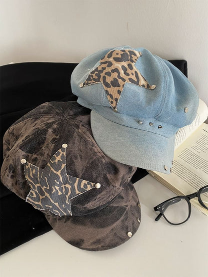 Star Applique Studded Denim Newsboy Cap