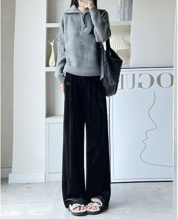 Velvet High Waist Elastic Waist Drape Wide Leg Pants