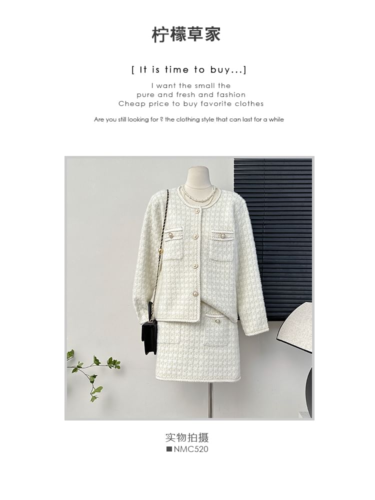 Set: Crew-Neck Tweed Jacket + Mini Skirt