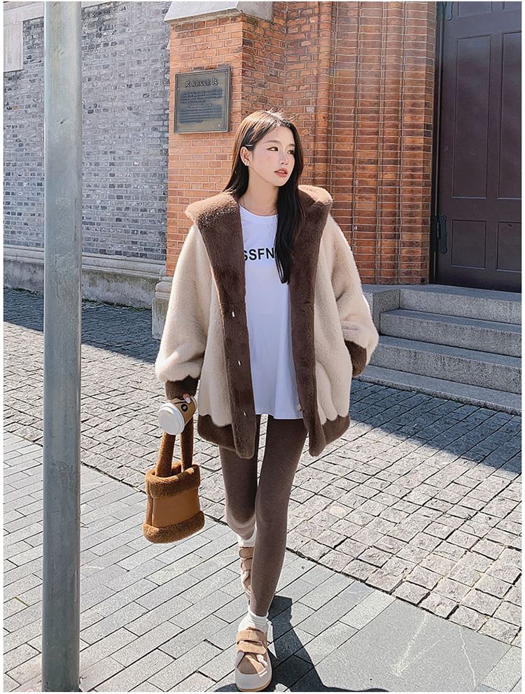 Two Tone Hooded Fluffy Jacket