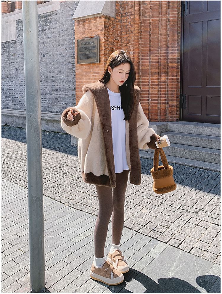 Two Tone Hooded Fluffy Jacket