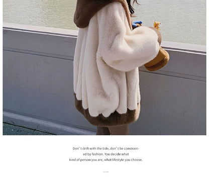 Two Tone Hooded Fluffy Jacket