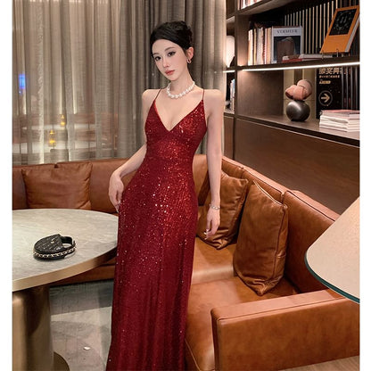 Spaghetti Strap V-Neck Plain Sequin A-Line Evening Dress
