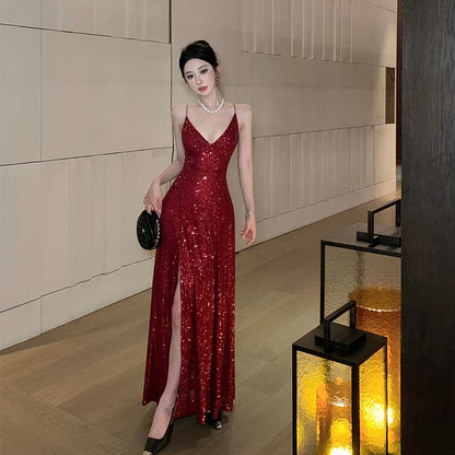 Spaghetti Strap V-Neck Plain Sequin A-Line Evening Dress