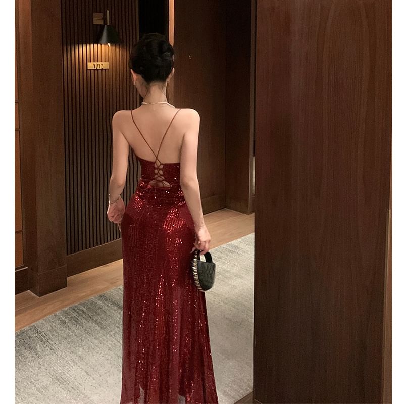 Spaghetti Strap V-Neck Plain Sequin A-Line Evening Dress