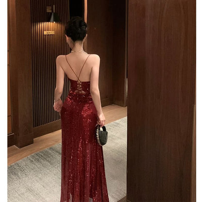 Spaghetti Strap V-Neck Plain Sequin A-Line Evening Dress