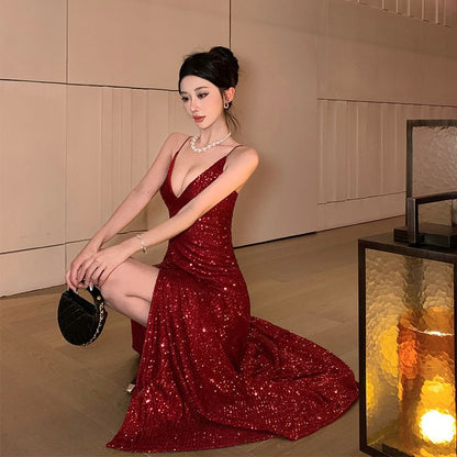Spaghetti Strap V-Neck Plain Sequin A-Line Evening Dress
