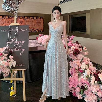 Spaghetti Strap V-Neck Plain Sequin A-Line Evening Dress