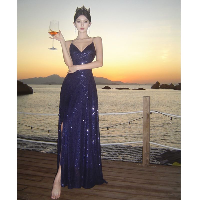 Spaghetti Strap V-Neck Plain Sequin A-Line Evening Dress