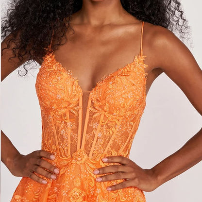 Spaghetti Strap V-Neck Lace Panel Open Back A-Line Evening Gown