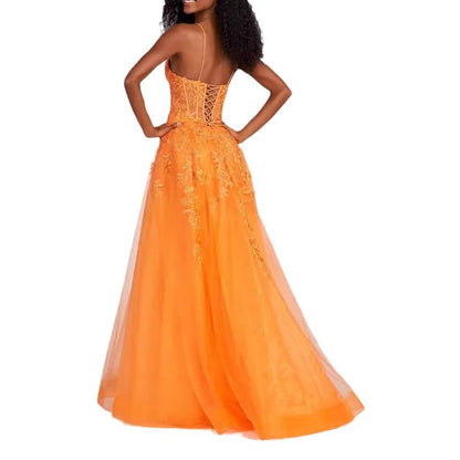 Spaghetti Strap V-Neck Lace Panel Open Back A-Line Evening Gown