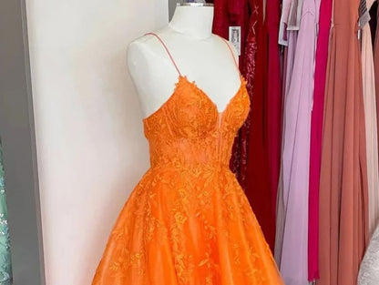 Spaghetti Strap V-Neck Lace Panel Open Back A-Line Evening Gown