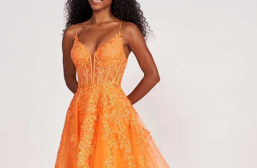 Spaghetti Strap V-Neck Lace Panel Open Back A-Line Evening Gown