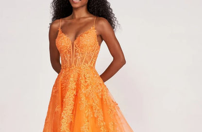 Spaghetti Strap V-Neck Lace Panel Open Back A-Line Evening Gown