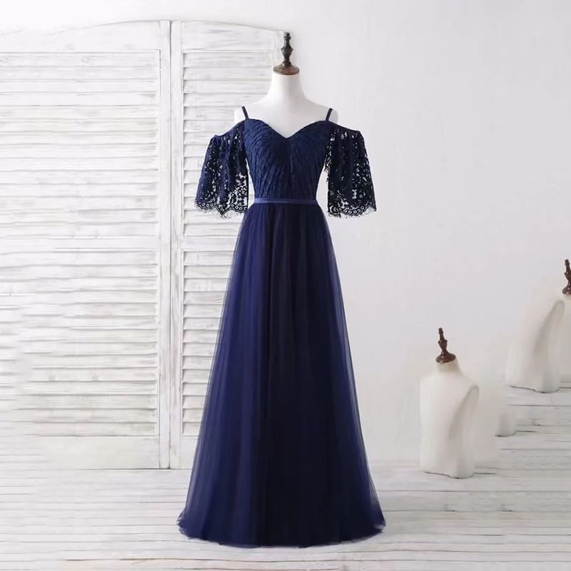 Short-Sleeve V-Neck Cold Shoulder Plain Lace Panel A-Line Evening Gown