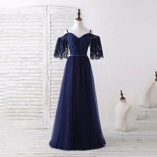 Short-Sleeve V-Neck Cold Shoulder Plain Lace Panel A-Line Evening Gown