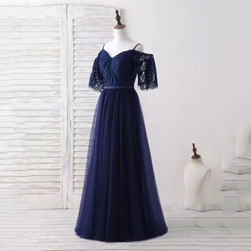 Short-Sleeve V-Neck Cold Shoulder Plain Lace Panel A-Line Evening Gown