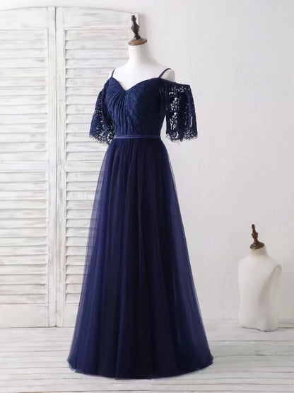 Short-Sleeve V-Neck Cold Shoulder Plain Lace Panel A-Line Evening Gown