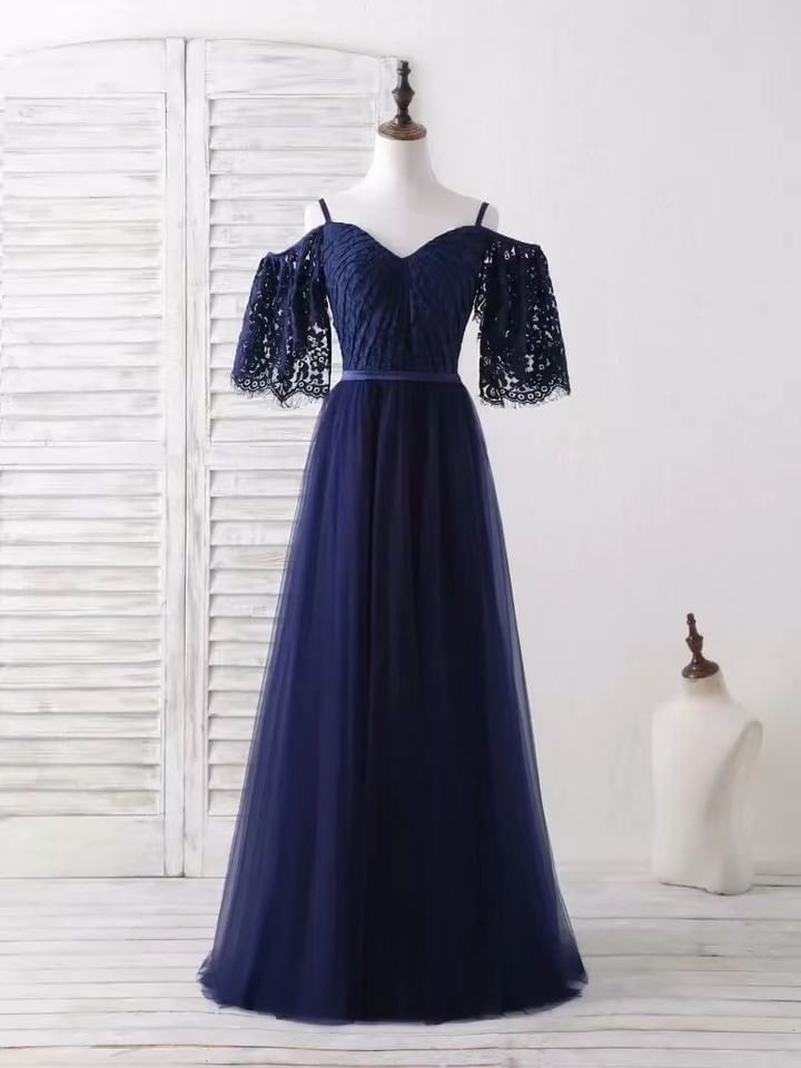 Short-Sleeve V-Neck Cold Shoulder Plain Lace Panel A-Line Evening Gown