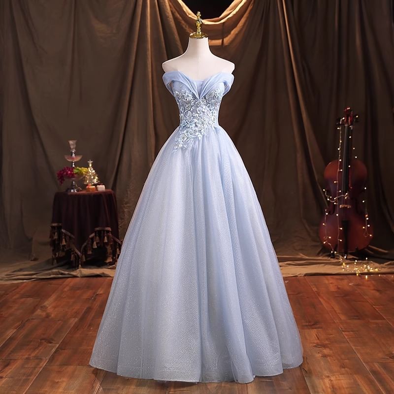 Off-Shoulder Floral Embroidered Beaded A-Line Evening Gown